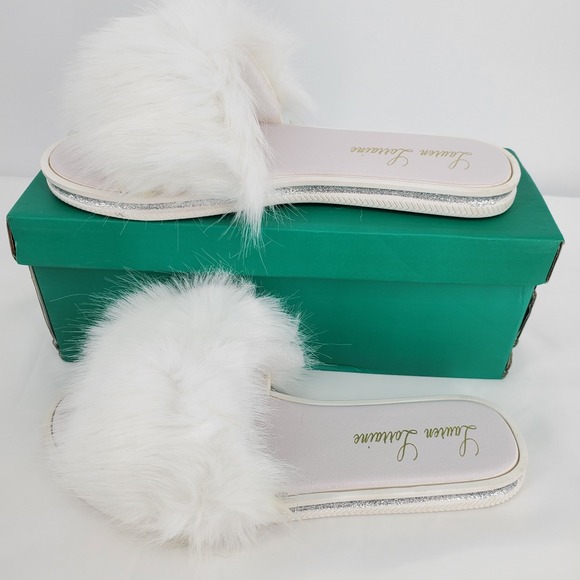 Lauren Lorraine Shoes - Lauren Lorraine White Fluffy Faux Fur Flat Sandal Glitter Trim Slides Size 8 New